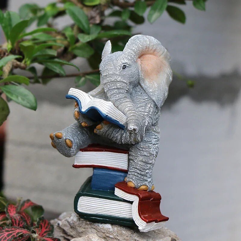 Miniature Elephant Figurine Reading Books