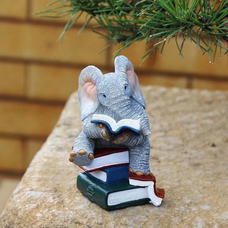 Miniature Elephant Figurine Reading Books
