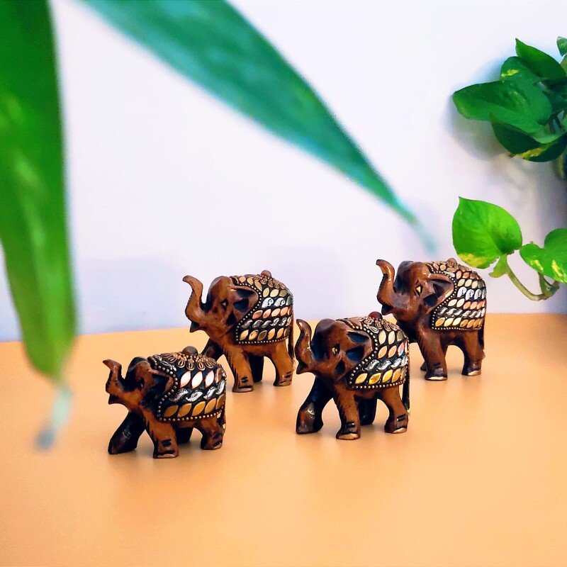 Wooden Elephant Family With Brass Copper Beads